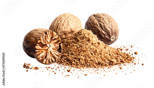 Whole nutmegs with a pile of ground spice, brown hues