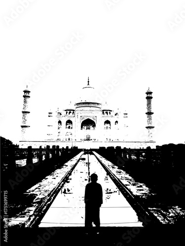 Contemplative traveler standing before the majestic Taj Mahal, embracing the awe-inspiring beauty and historical significance of India's iconic landmark, a moment of cultural immersion and wonder