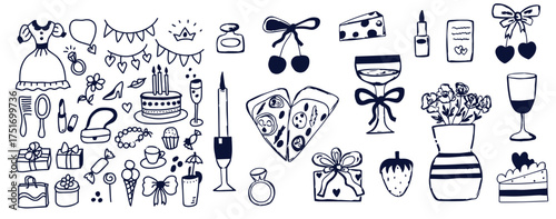 Hand drawn Fashion Illustration Romantic Objects and quote. Creative ink art work. Actual vector drawing of Holiday things. Happy Valentine's Day set and text BE MINE VALENTINE