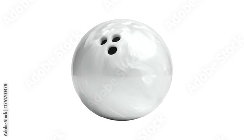 Glossy white bowling ball with three finger holes on black background