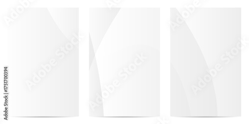 Set of three clean, minimalist white vertical panels with subtle abstract curves and soft shadows, ideal for modern design mockups, presentations, or elegant backgrounds.
