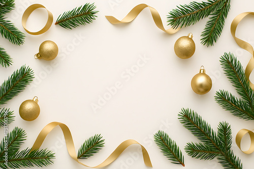 Christmas frame border with gold ribbon baubles pine branches