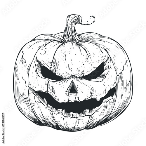 Classic Halloween pumpkin with wicked grin carved for spooky decor. Vector hand drawn illustration