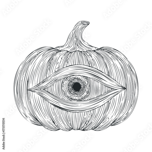Unique Halloween pumpkin with an eye design for seasonal decor. Vector hand drawn illustration
