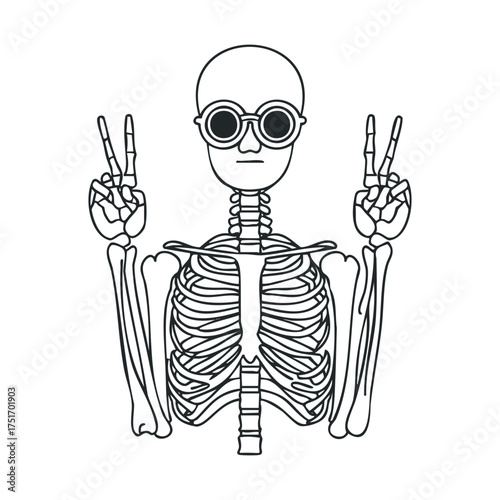 Unique skeleton design with sunglasses and peace sign gesture. Vector line illustration
