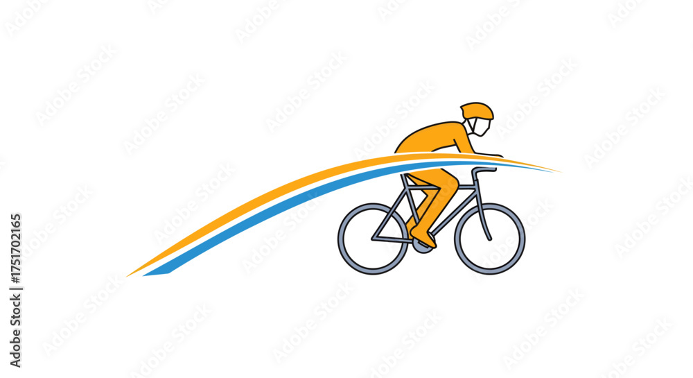 Fototapeta premium A stylized graphic of a cyclist in motion, with a swoosh of orange and blue lines behind them.