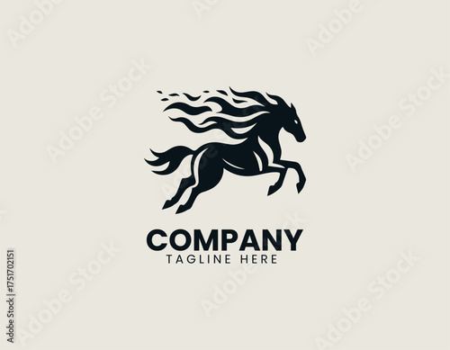 Black silhouette rearing horse surrounded by circular flames vector logo illustration symbolizing strength and passion