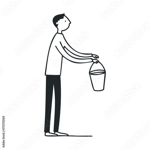 Man holding a bucket for a spring cleaning activity at home. Vector line illustration