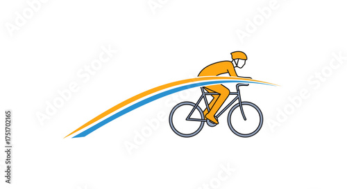 A stylized graphic of a cyclist in motion, with a swoosh of orange and blue lines behind them.