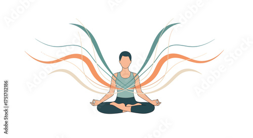 Person meditating with flowing energy lines illustration.
