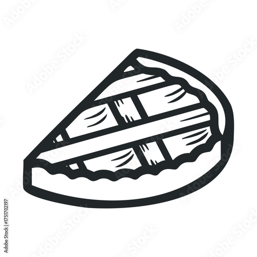 Homemade pie slice with a lattice crust design for celebrations. Vector line illustration