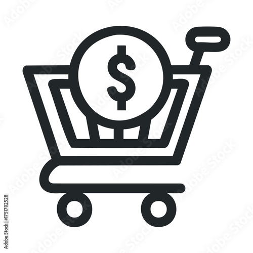 Shopping cart icon with dollar sign for e commerce concept. Vector line illustration