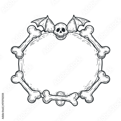 Halloween decoration featuring skull and bones frame design for events. Vector hand drawn illustration