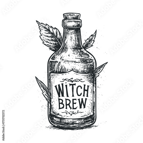 Witch brew potion bottle design for Halloween decor and crafts. Vector hand drawn illustration
