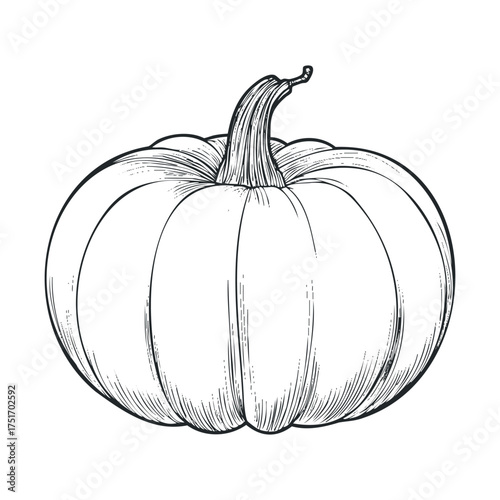 Classic pumpkin drawing for autumn decoration and harvest themes. Vector hand drawn illustration