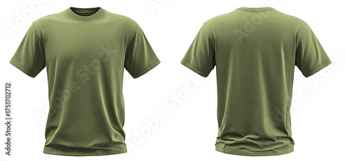 Front and back view of a plain, olive green t-shirt (1)
