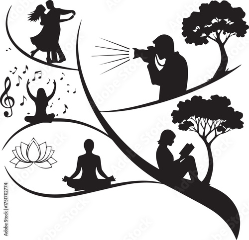 Collage of silhouettes depicting diverse hobbies and creative pursuits life activities silhouette