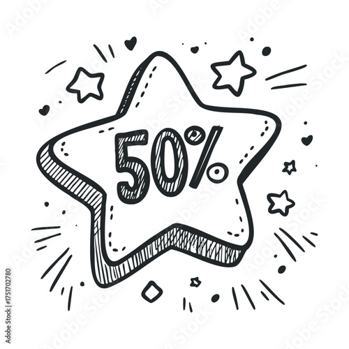 50 percent discount star with decorative elements for marketing. Vector hand drawn illustration