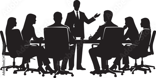 Business meeting silhouettes with diverse team discussing ideas around conference table silhouette
