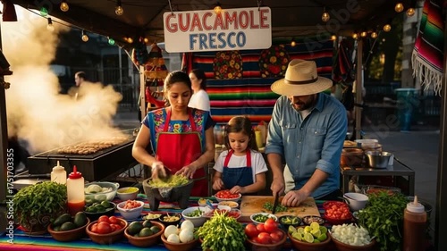 Family preparing fresh guacamole at a vibrant street food stall.