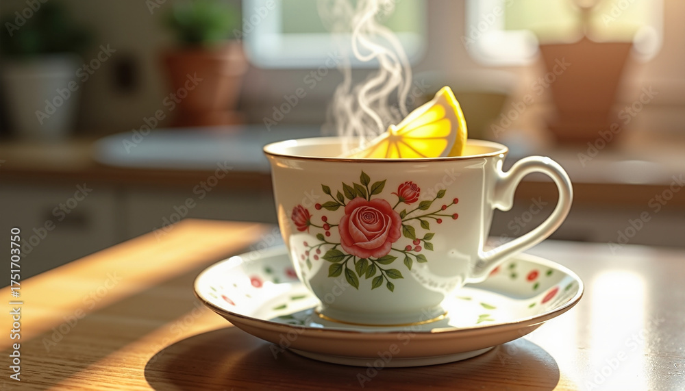 Fototapeta premium Hot tea cup with lemon slice on wooden table in bright kitchen 