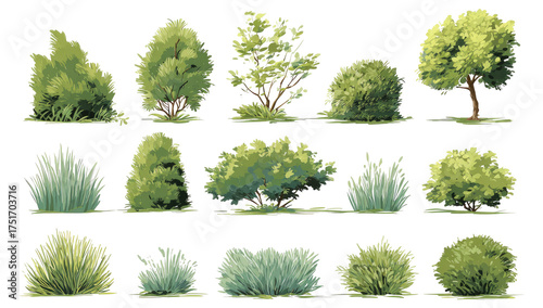 Collection of various stylized green plants, shrubs, and trees