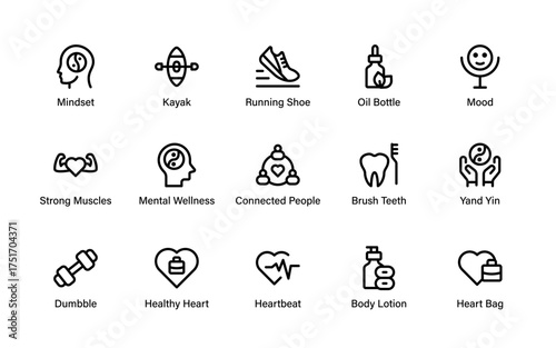 Modern wellness and fitness icon set featuring mental health, exercise, skincare, heart health, and lifestyle symbols for apps and design