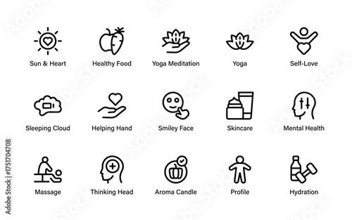 Wellness and Self Care Icons.r icons for yoga, meditation, skincare, mental health, relaxation, self love, and healthy lifestyle design projects.