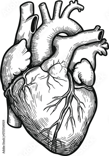 Black and white anatomical human heart illustration with veins and arteries anatomy medical