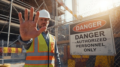 Male engineer in a safety vest showing a stop gesture at a construction site with a 'Danger Authorized Personnel Only' sign
