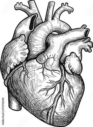 Black and white line drawing of a human heart with arteries and veins anatomy medical