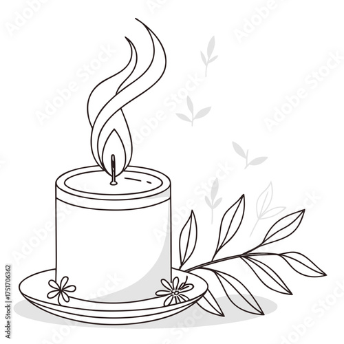 A delicate line art illustration of a lit candle with a gentle flame and flowing smoke adorned with small flowers on its saucer and accompanied by a sprig of leaves and subtle floral accents