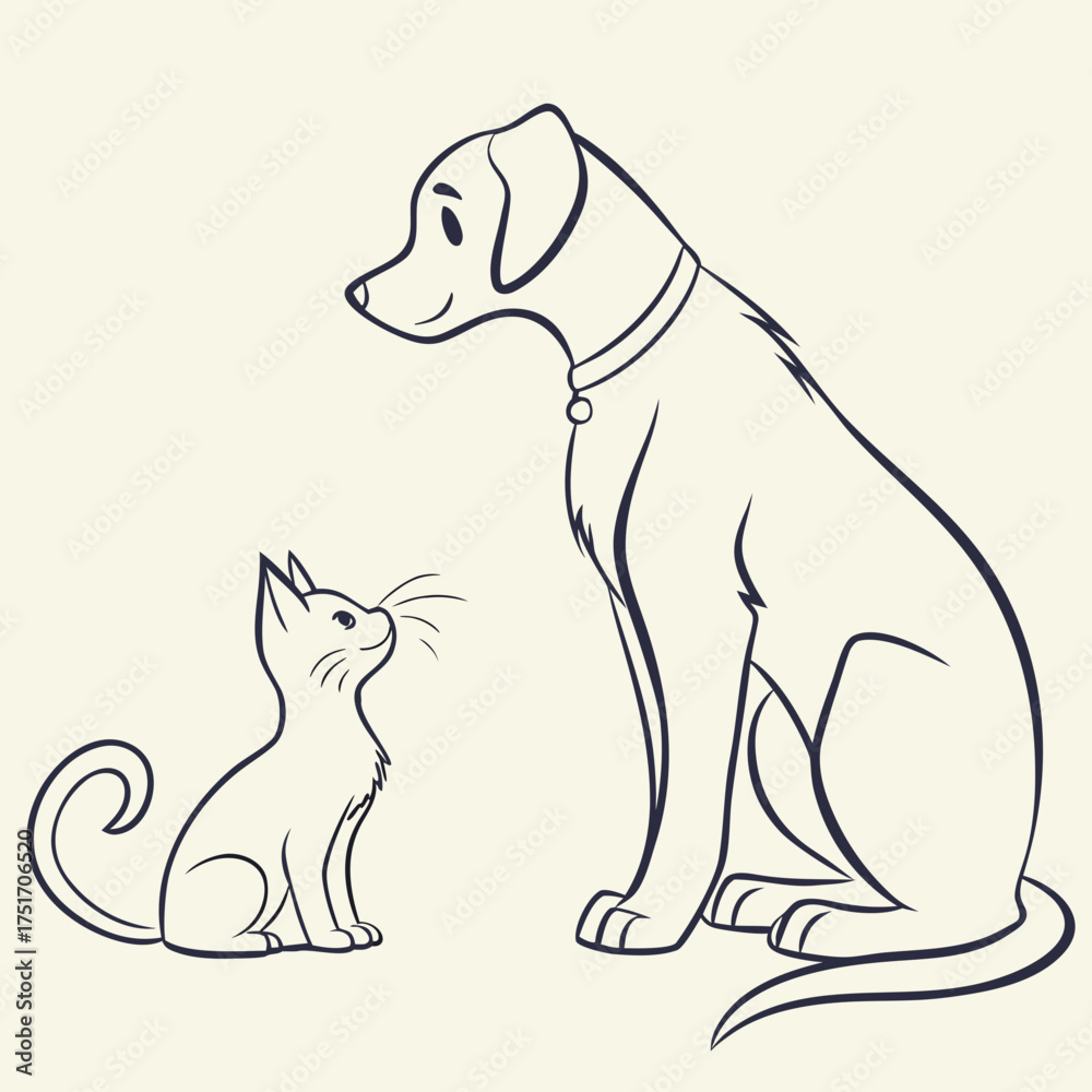 Fototapeta premium Charming line art illustration of a friendly dog and a curious kitten sitting and looking at each other with happy expressions on a plain background