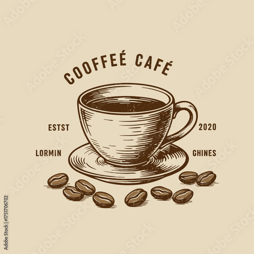 Vintage engraving style illustration of a cup of black coffee with scattered beans on a saucer, a retro logo for a cafe or coffee shop