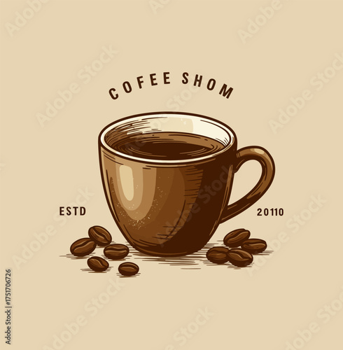 A Vintage-Style Hand-Drawn Illustration of a Coffee Cup with Beans, Evoking a Cozy and Classic Coffee Shop Ambiance, Perfect for Branding and Cafeteria Decor