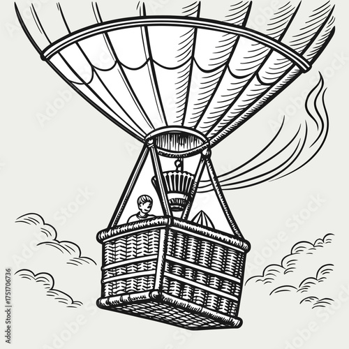 Vintage Hot Air Balloon Illustration — Detailed Engraved Basket and Burner Drawing.