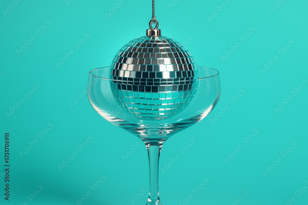 Fototapeta premium Creative Christmas concept with silver disco ball hangs inside a champagne coupe glass on a turquoise background. Minimalist festive still life with copy space