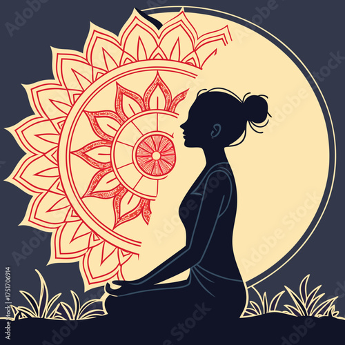 Serene silhouette of a woman meditating in lotus pose against a vibrant mandala and moon symbolizing inner peace and spiritual growth