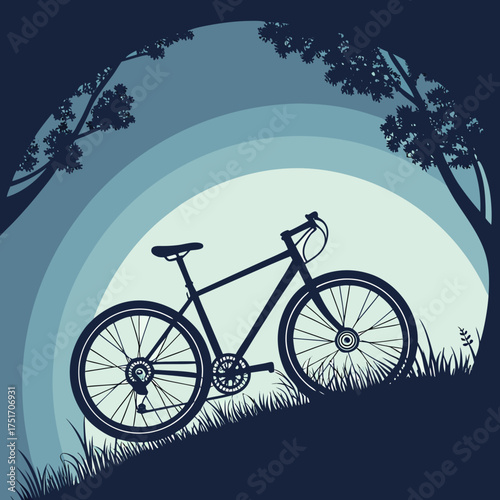 Silhouette of a bicycle parked on a grassy hill surrounded by trees with a layered blue sky background creating a peaceful outdoor scene
