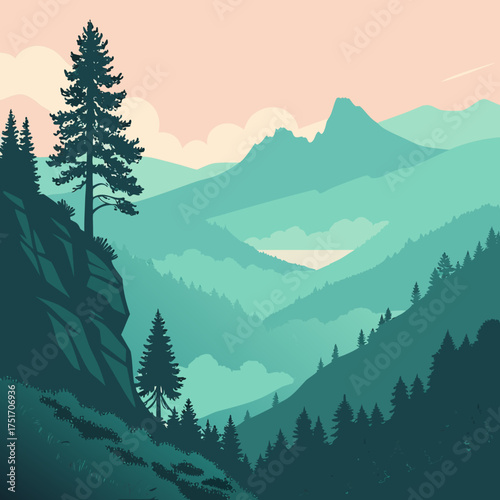 Serene mountain landscape with layered evergreen forests and a pink and orange sky at dawn or dusk