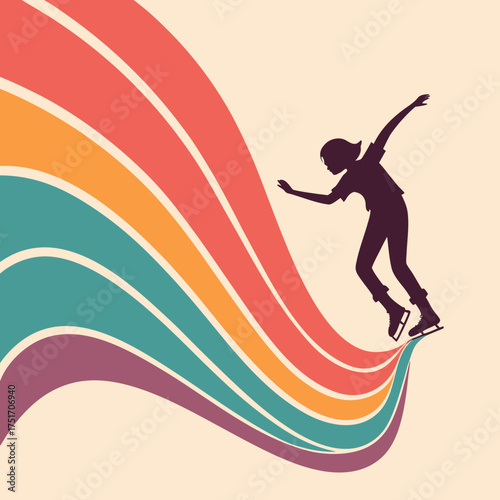 Silhouette of a figure skater gracefully gliding on a vibrant retro rainbow wave symbolizing speed and freedom
