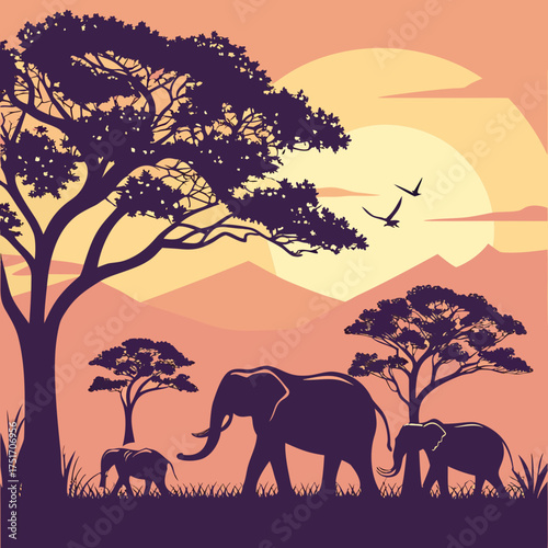 Silhouette of a herd of elephants walking across the savanna at sunset with acacia trees and birds flying in the sky