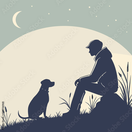 Silhouette of a man and his loyal dog sitting on a grassy hill under a crescent moon and starry night sky