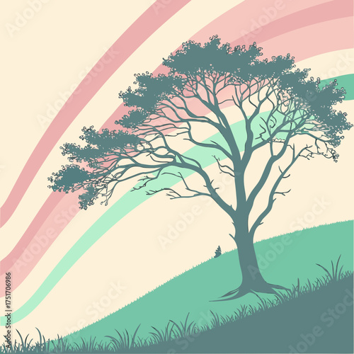 Silhouette of a solitary tree with intricate branches and foliage against a backdrop of pastel colored curved stripes and a grassy hill