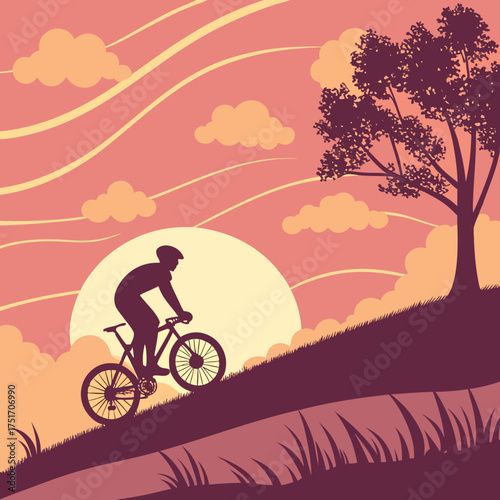 Silhouette of a person riding a bicycle uphill against a large sun and stylized clouds at sunset or sunrise