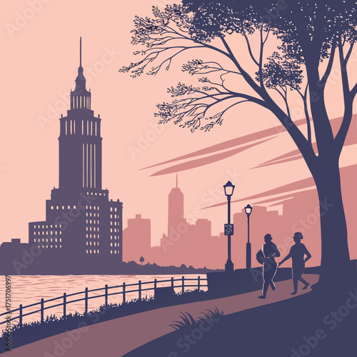 Silhouetted cityscape with a waterfront park a large tree and two people jogging along a path at sunset