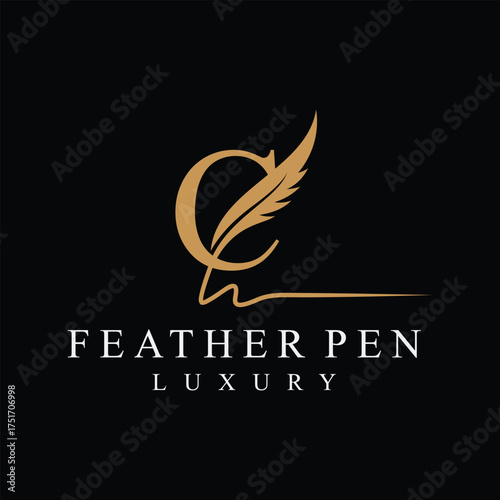 Initial letter c feather pen logo design, serif font graphic icon vector, golden color symbol concept