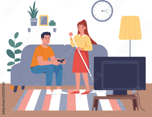 Couple at home in living room, man playing video game while woman cleaning with mop, modern lifestyle flat illustration