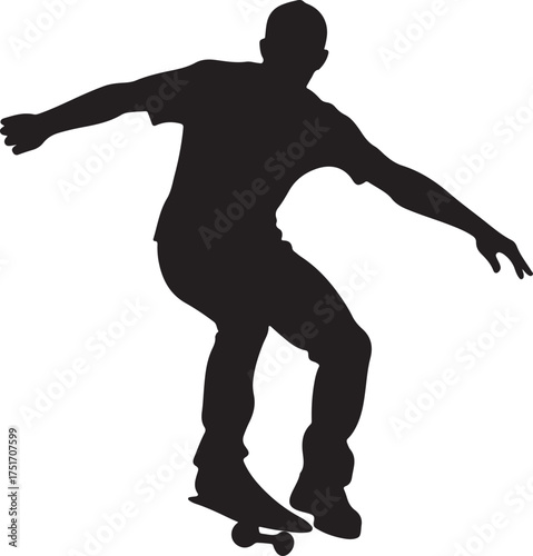 Silhouette of a skateboarder performing a trick on a white background