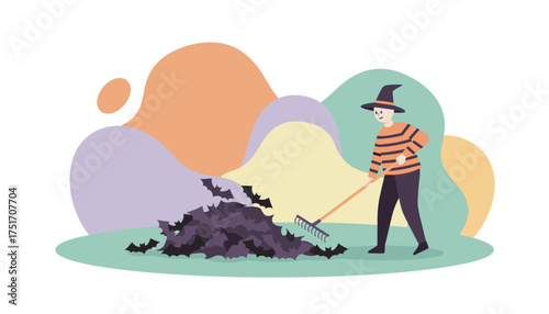 Halloween character in witch hat raking a pile of bats Spooky season illustration